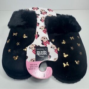 Disney Minnie Mouse Fluffy Slippers Primark Women's Black Faux Fur Sz 9/10 NWT